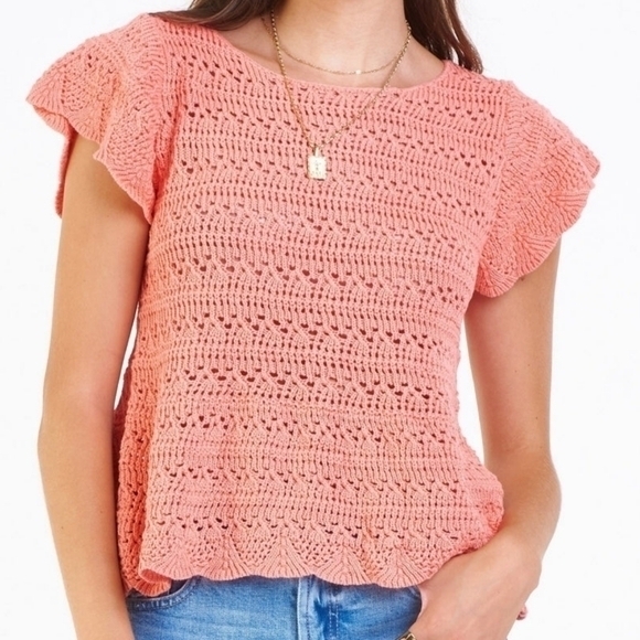 Dear John Coral Cotton Knit Raegan Pointelle Crochet Detail Sweater Koi Fusion - Picture 13 of 13